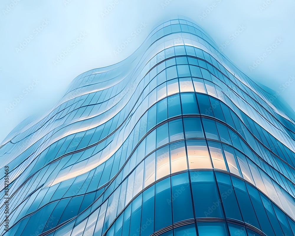 Aufkleber futuristic glowing glass building with unique angular design against cloudless sky