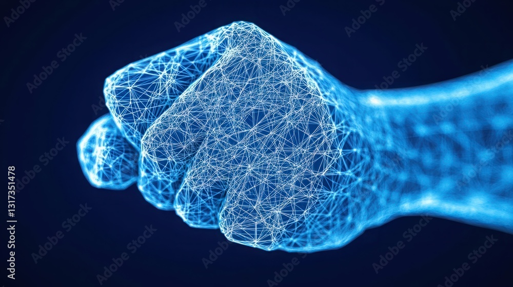 Poster futuristic digital representation of a fist demonstrating strength and resilience in a high-tech abs