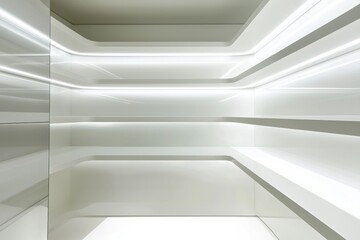 Obraz premium Bright white minimalist interior space with layered shelving and sleek, illuminated design