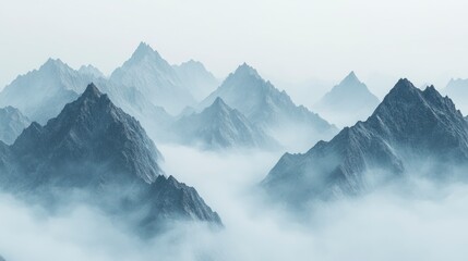 Misty mountain range, ethereal blue hues, peaks shrouded in fog, serene atmosphere, digital art, soft lighting, cool color palette, tranquil landscape.