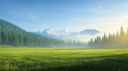 Obraz premium Vast green grass field, serene nature landscape and scenic meadow view lush