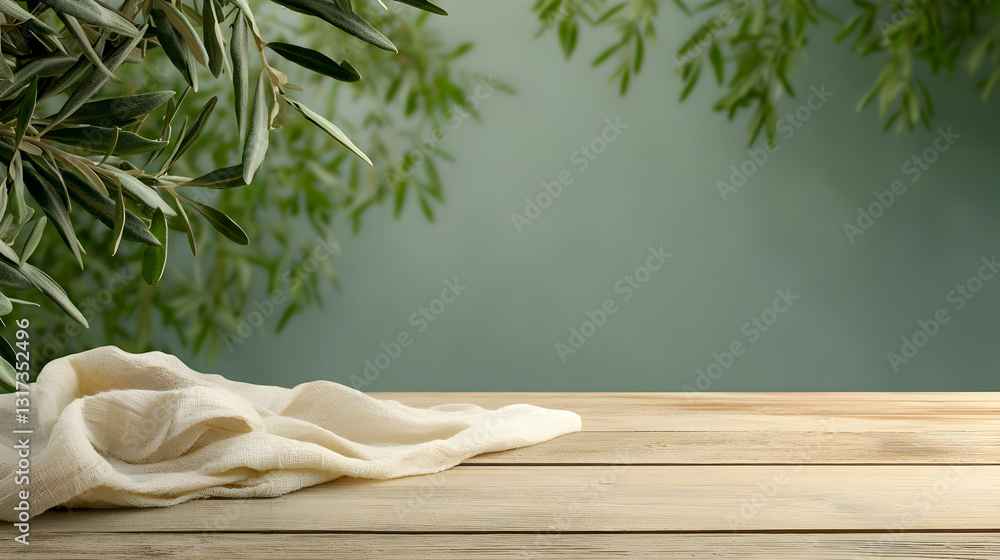 Poster empty rustic wooden table with cream beige napkin and fresh olive branches on a soft green backgroun