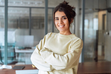 Portrait of beautiful young indian female specialist, business woman looking happy at camera....