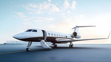 Naklejka premium Sleek Modern White And Brown Private Jet On An Airport Tarmac At Daybreak With Open Cabin Door Ready For Boarding