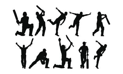 Set of silhouettes of cricket players vector illustration, black and white, monochrome design, minimalist design, isolated on a white background