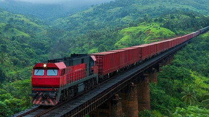 A vibrant red train travels across a bridge, surrounded by lush green hills under a cloudy sky, showcasing the beauty of rail transport in nature.
