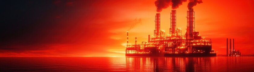 Obraz premium Industrial Cityscape at Dusk with Floating Plasma and Smokestacks Against Fiery Sky