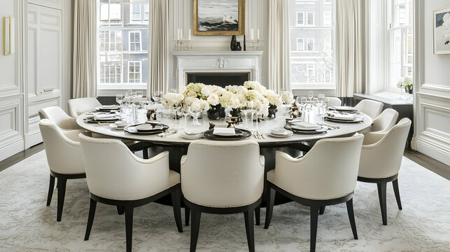 Elegant round dining table set for dinner party in luxury apartment, London