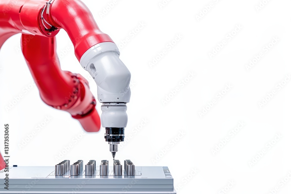 Poster isolated industrial robot assembling a component in a modern factory environment