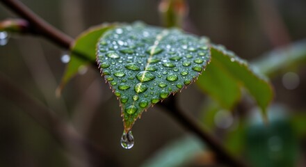 Leaf Covered in Raindrops with Droplet Hanging at the Tip