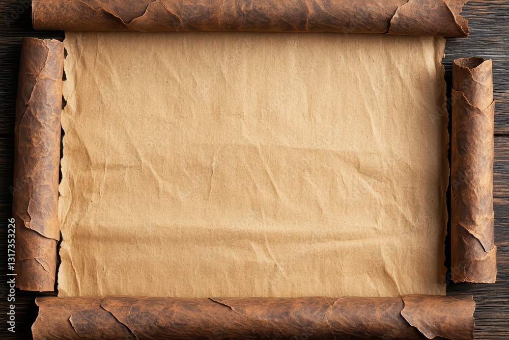 Poster ancient parchment scroll on rustic wooden background with unwritten text space
