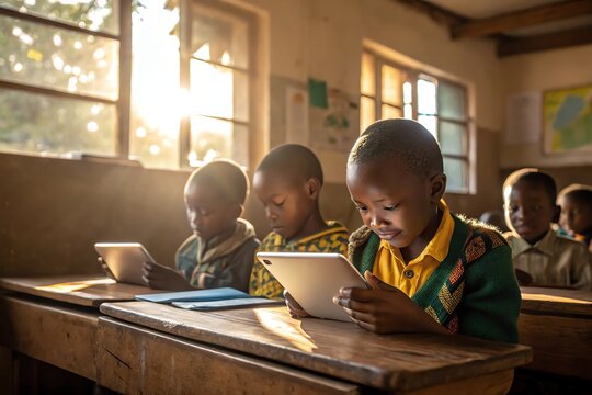 Children using tablets in a sunlit classroom, exploring digital learning in an educational setting.