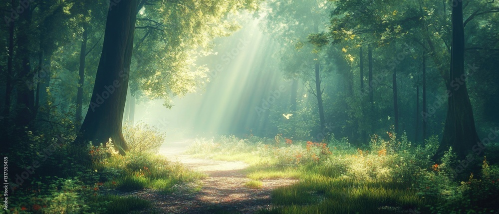 Poster a winding path through dense forest with sunbeams shining through the trees