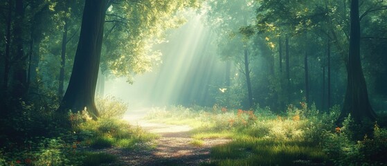 Obraz premium A winding path through dense forest with sunbeams shining through the trees