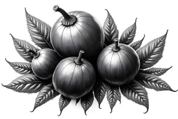 Detailed Pencil Drawing of Pumpkins and Leaves