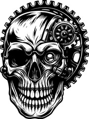 Fototapeta premium SVG vector features robotic and biomechanical skulls. Intricate Skull Design with Mechanical Gear Elements in Black