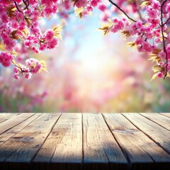 Blossoms frame a sunlit scene above a wooden surface