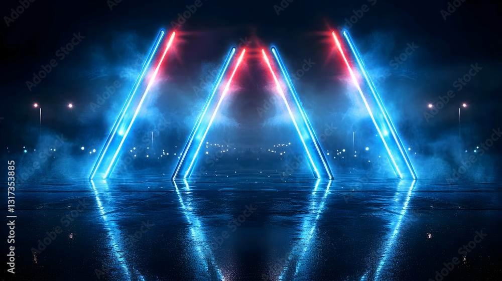 Poster red and blue neon lights form a triangular arch over a reflective surface in a dark urban setting at