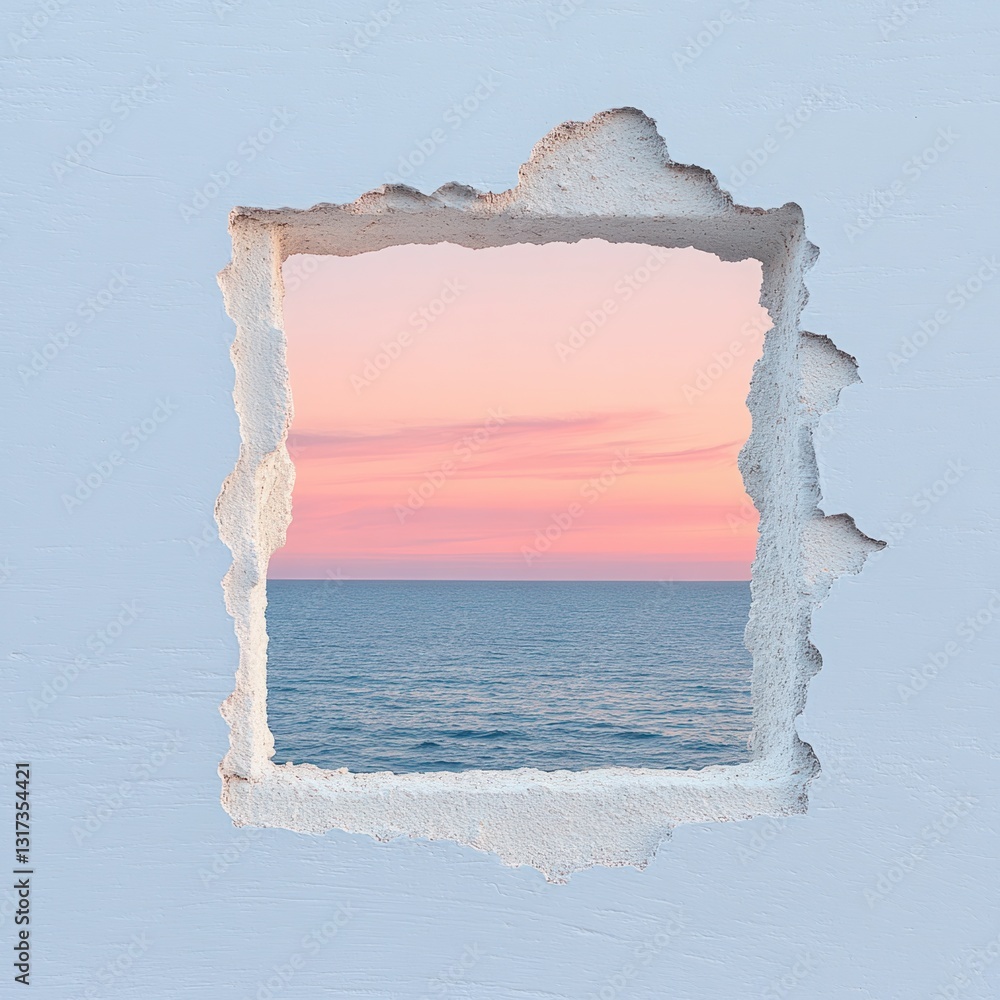 Aufkleber serene coastal sunset view from a whitewashed window frame overlooking a calm ocean and colorful sky