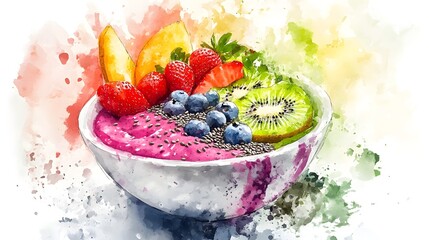Delicious Smoothie Bowl with Fresh Fruits and Chia Seeds Watercolor Painting