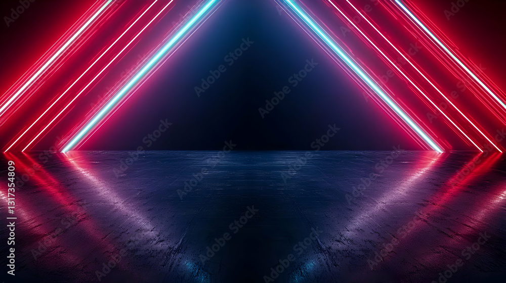 Poster vivid neon triangles illuminating a dark empty space with reflective floor and modern geometric desi