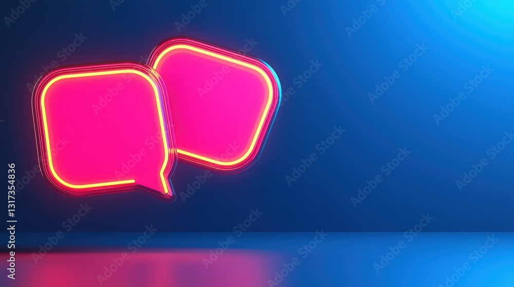 Poster neon chat bubbles floating in a digital void with soft blue and purple background
