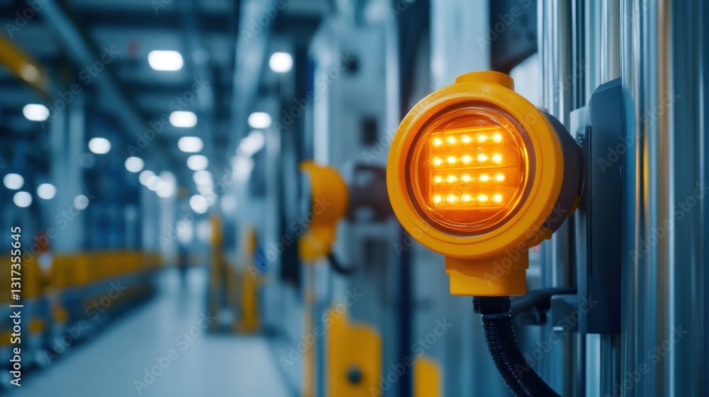 Poster industrial warning light illuminating factory floor for safety and operation efficiency