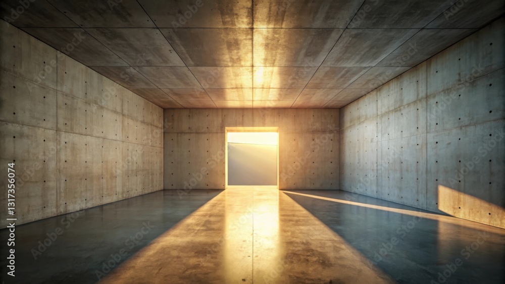 Poster Sunlight streams through a doorway in a concrete room, casting long shadows on the polished floor