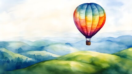 Obraz premium Colorful Hot Air Balloon Soaring Over Lush Green Mountains Watercolor Painting