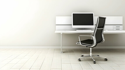 Fototapeta premium Modern minimalist office workspace with computer, chair, and light wooden floor. Perfect for business or technology websites