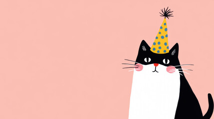 cute black and white cat wearing polka dot party hat sits against pink background, perfect for cat themed birthday invitation