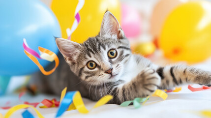 playful kitten surrounded by colorful balloons and streamers, creating festive atmosphere. curious cat is engaging with vibrant decorations, adding sense of joy and celebration
