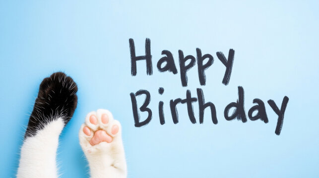 Cat paws with Happy Birthday message on blue background create playful and cheerful greeting - Powered by Adobe