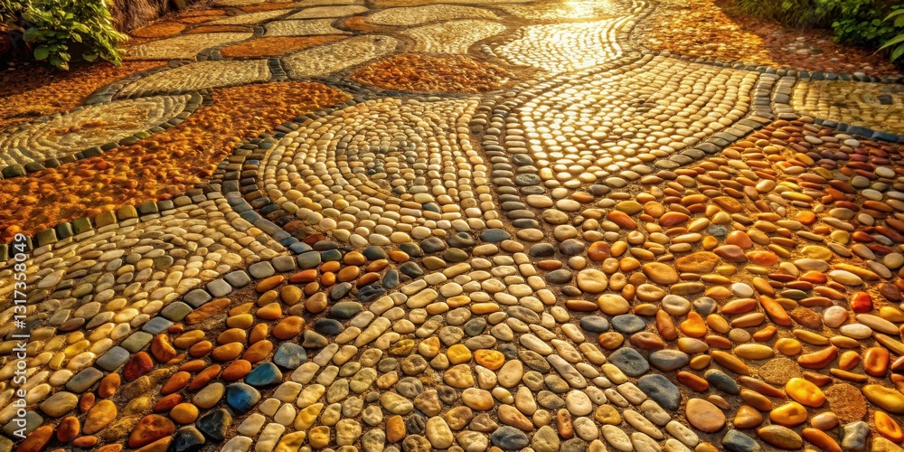 Poster a mosaic pathway of smooth, colorful stones, meticulously arranged in a captivating pattern, basking