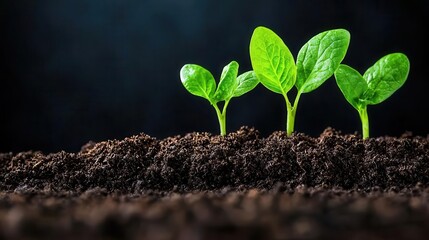 Fototapeta premium Young green plants sprouting from rich soil, against a dark background.
