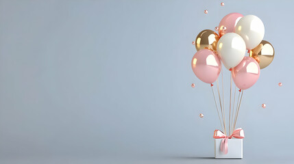 Pink And Gold Balloons Floating From A White Gift Box