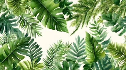 Lush Green Tropical Foliage Watercolor Design Perfect for Summer Backgrounds or Prints