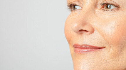 Fototapeta premium close up of woman face showing smooth skin and gentle smile, highlighting her cheek and eye area