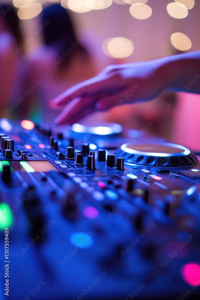 Poster a close-up shot of a dj's hands manipulating the controls on a professional audio mixing console