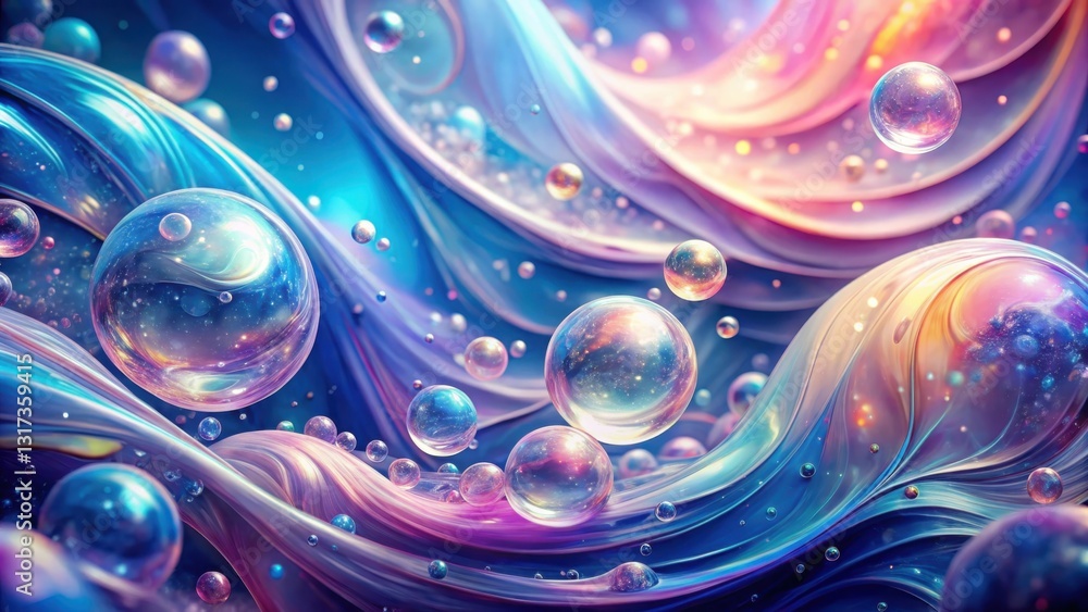 Poster a mesmerizing dance of iridescent bubbles swirling through ethereal ribbons of color, creating a vib