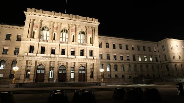 nighttime eth zurich's university building academic environment significance center for education switzerland panning shot scene swiss institution learning atmosphere 
