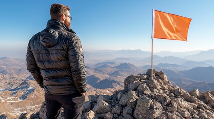 Man stands atop a mountain, gazing at a flag against a scenic backdrop.