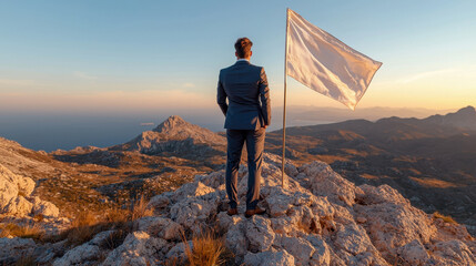 Man in suit raises a flag on a mountain at sunset.