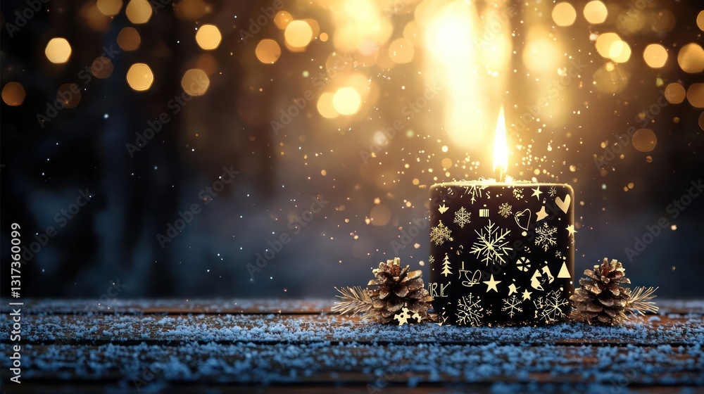 Aufkleber lit candle with gold snowflake pattern and pine cones on wooden surface with bokeh and snow