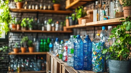 Recycled bottles on a wooden shelf surrounded by greenery.