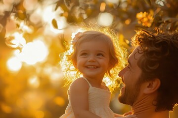 Brightly lit moment between a father and daughter outdoors.