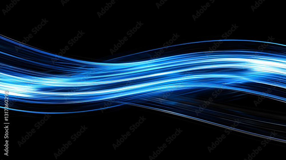Poster abstract blue light wave flowing dynamically in a dark background with bright glow and elegant desig