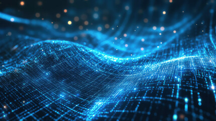 glowing digital grid forms dynamic wave pattern, creating futuristic and hi tech background with sparkling data points