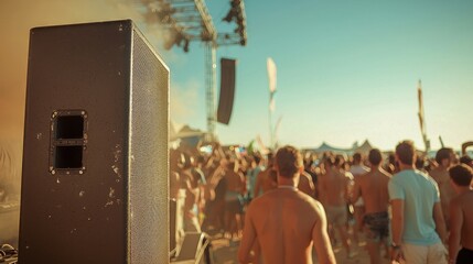Crowd enjoying a music festival under a clear blue sky.