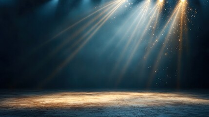 Empty stage illuminated by dramatic light beams and particles.